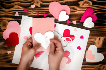 Valentines diy. Step by step instructions for handmade valentine. Craft gift, flat lay. Step 2....