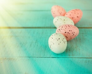 bright easter eggs on a blue plain surface, easter decor