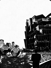 Landscape of high-rise buildings in the city of Bangkok Black and white illustrations.