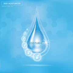 Moisturizing cosmetic ads template, cosmetic mockup with sparkling water drop over blue background. Vector EPS10