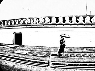 Landscape in the surroundings of the Grand Palace in Bangkok Black and white illustrations.