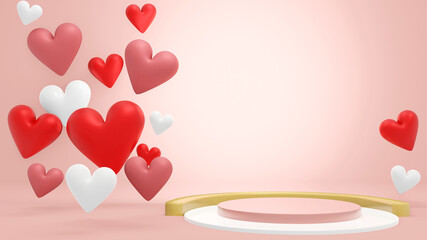 Blank cylinder podium surrounding by heart shape for present product in Valentine theme. 3D rendering