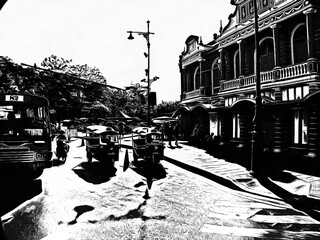 Landscape in the surroundings of the Grand Palace in Bangkok Black and white illustrations.