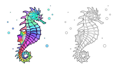 Seahorse coloring page. Vector Illustration.
