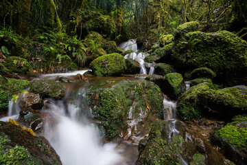 A long exposure of a New Zealand waterfall and river in the Tararua ranges