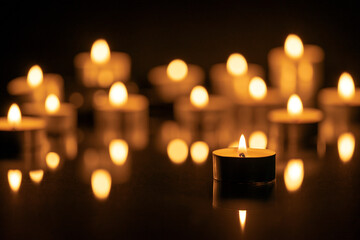 A FOCUSED LIGHTED CANDLE AND MANY OTHERS DEFOCUSED AT THE BACK. ALL SOULS DAY CONCEPT. DARK...
