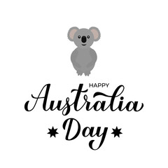 Happy Australia day calligraphy hand lettering. Cute cartoon koala. Vector template for banner, typography poster, greeting card, flyer, t shirt, postcard, etc.