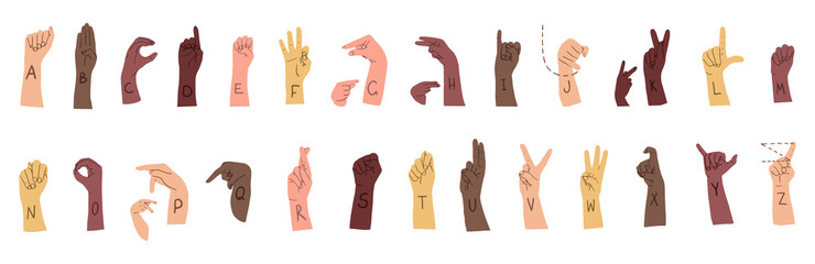 American sign language alphabet horizontal poster with many races hands. Different skin colors vector illustration for ASL education poster, card, brochure, canvas, website, books