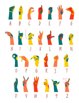 American sign language alphabet horizontal poster with many races hands. Different skin colors vector illustration for ASL education poster, card, brochure, canvas, website, books