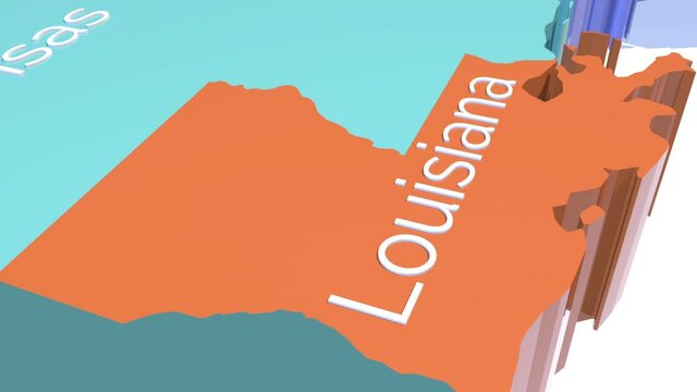 3d animation map showing the state of Louisiana from the united states of America. Map of Louisiana.