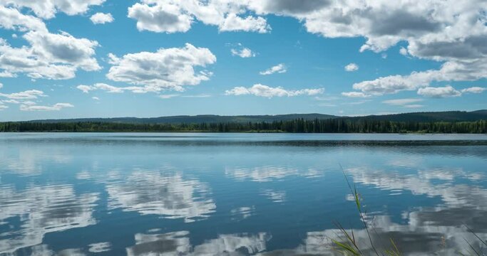 timelapse of beautiful blue sky and dramatic clouds with lake reflections