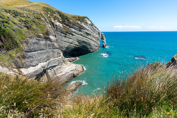 Fototapeta na wymiar Cape Farewell looking out to the cliffs and ocean near Farewell spit