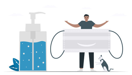 Some protective gears of coronavirus outbreak includes hand sanitizer and mask. Medical illustration isolated on white background.