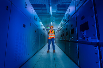 Portrait work checking and inspecting at MDB panel . she working with electric switchboard to check...