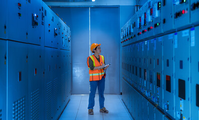 Portrait work checking and inspecting at MDB panel . she working with electric switchboard to check...