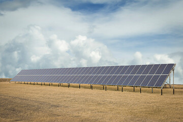 long row of blue solar panels sitting in a field.