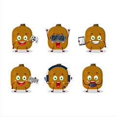 Kiwi cartoon character are playing games with various cute emoticons