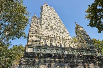 Phayao, Thailand - Dec 6, 2020: Low Angle Side of Buddhagaya or Mahabodhi Mock with Natural Light