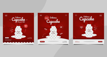 Set of Cupcake social media post templates with Red and white background, suitable for food and drink banners too