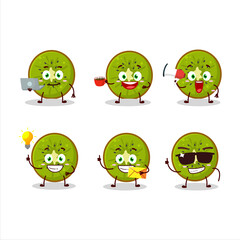 Slice of kiwi cartoon character with various types of business emoticons