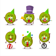 Cartoon character of slice of kiwi with various circus shows