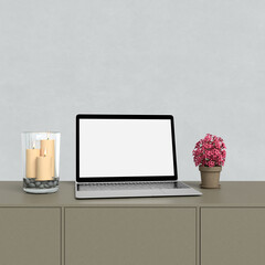 Mockup laptop with home decorating in the living room modern interior background. Mockup with path ready to use. 3d rendering