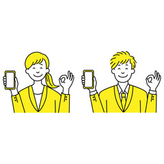 スマホ片手にOKサインするビジネスパーソン男女
