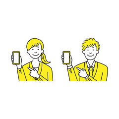スマホを指さすビジネスパーソン男女