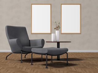 Mockup poster frame with home decorating in the living room modern interior background. Mockup with path ready to use. 3d rendering