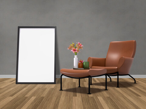 Mockup poster frame with home decorating in the living room modern interior background. Mockup with path ready to use. 3d rendering