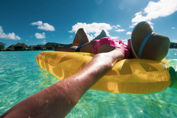 Woman floating on yellow inflatable mattress