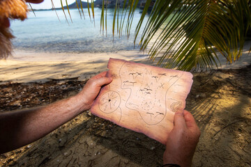Searching for a buried treasure with a map on a deserted tropical island