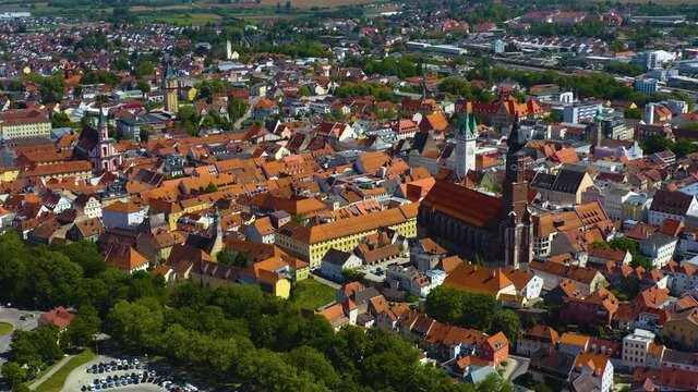 Aerial view of the city Straubing in Germany, Bavaria on a sunny spring day 
