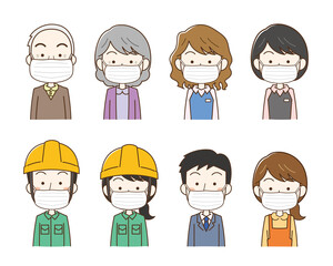 マスクを着用する人たちのイラスト