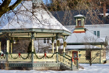 New England town center with gazebo and Christmas decorations