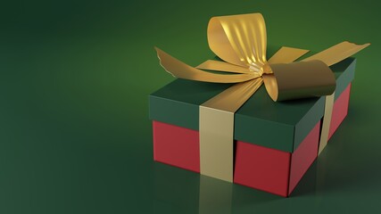Gift box with golden ribbon close-up on a green background. Copyspace. 3d illustration