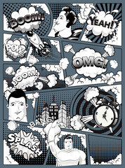 Black and white comic book page divided by lines on dark background with speech bubbles, rocket, superhero and sounds effect. Illustration