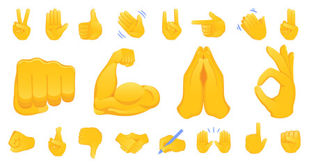 Hand gesture emojis icons collection. Handshake, biceps, applause, thumb, peace, rock on, ok, folder hands gesturing. Set of different emoticon hands isolated illustration.