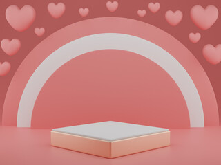 Valentine's Day : podium or product stand with hearts symbol of love on pastel pink background with copy space. 3d rendering.