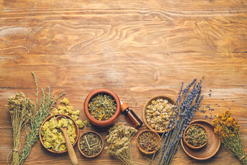 Fototapeta na wymiar Beautiful composition with different herbs on wooden background