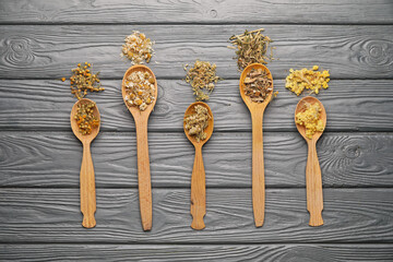 Spoons with different herbs on dark wooden background