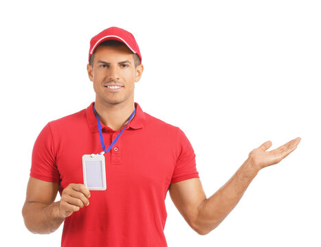 Young Man With Blank Badge On White Background