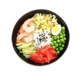 Bowl with tasty rice, shrimps and vegetables on white background