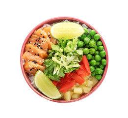 Bowl with tasty rice, fish and vegetables on white background