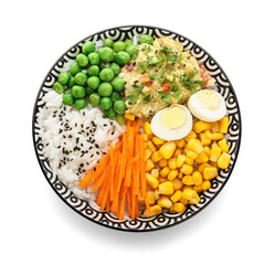 Fototapeta na wymiar Bowl with tasty rice, eggs and vegetables on white background