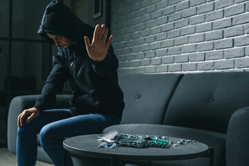 Female junkie refusing to take drugs at home