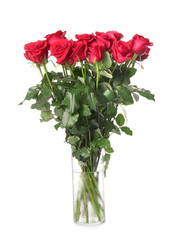 Vase with bouquet of beautiful red roses on white background