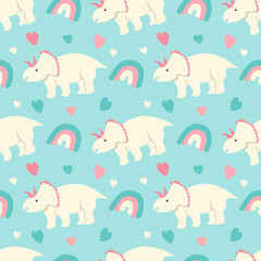 cute childish vector seamless pattern with dinosaurs (trizeratops) and rainbow in gentle colors. pattern for printing on fabric, clothing, wallpaper, wrapping paper, for nursery