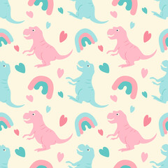 cute childish vector seamless pattern with dinosaurs (tyrannosaurs) and rainbow in gentle colors. pattern for printing on fabric, clothing, wallpaper, wrapping paper, for nursery