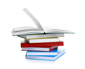 Stack of books on white background